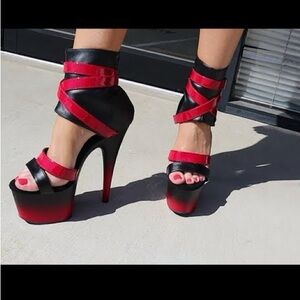 Pleaser's Adore-700-15 7 inch size 9 Black Faux Leather-Red Patent/Blk-Red Matte